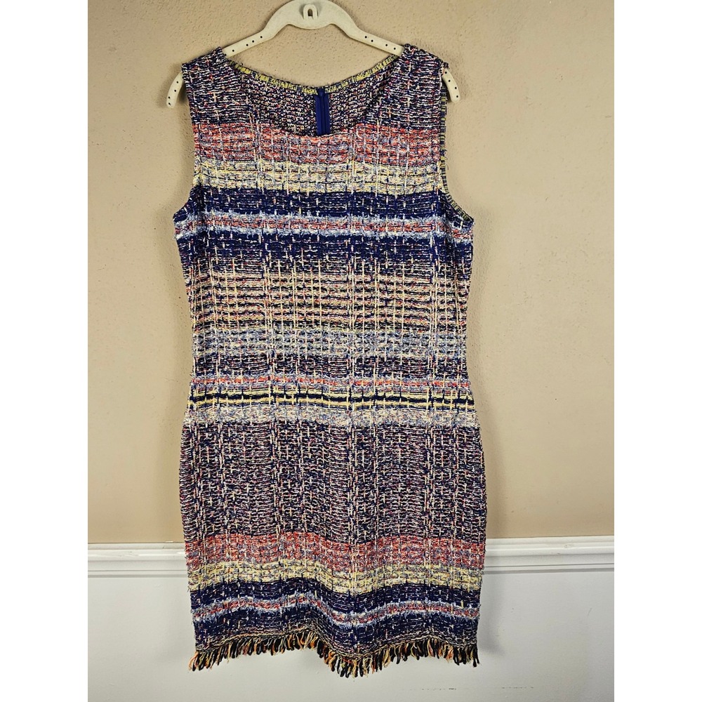 St John Womens Wool Blend Ellah Tweed Knit Multicolor Sheath‎ Fringe Dress 10